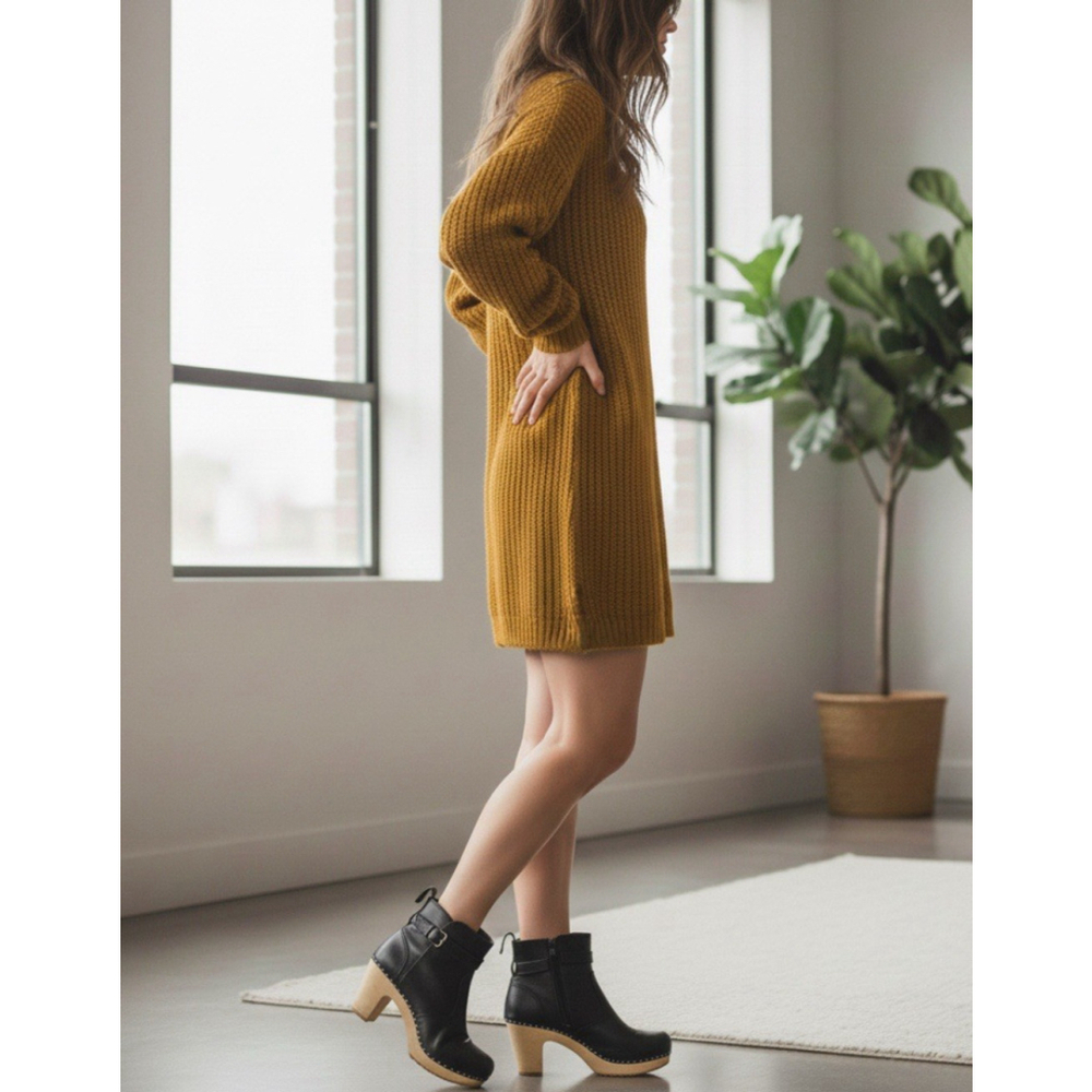 Swedish Hasbeens Jodhpur Toffel Wood Clog Black Leather Strap Boots
